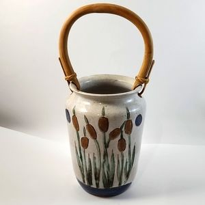 Pottery Bucket Vase with Bamboo Handle